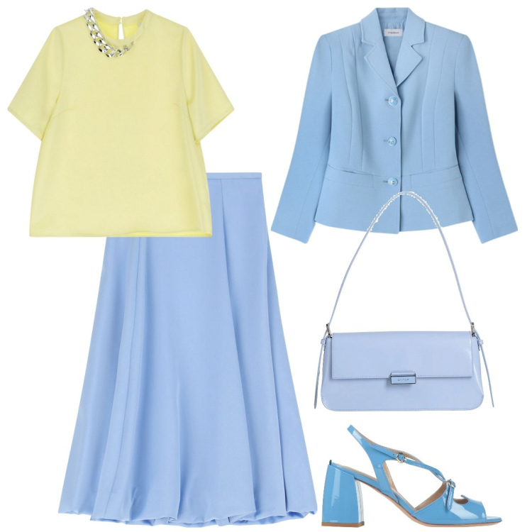 Outfit donna - Total look #2118387. Stile Chic per Cerimonia. Abbinamento con borse a spalla, sandali in pelle, gonne longuette, t-shirt, blazer.