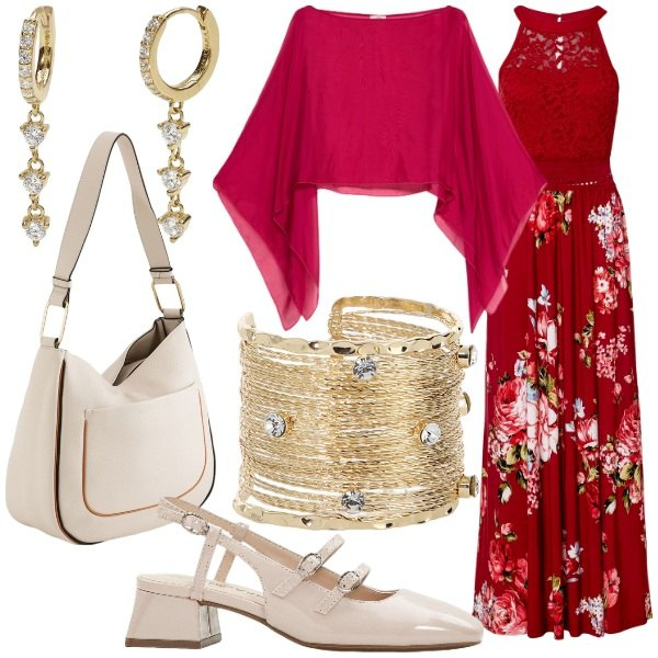 Outfit donna - Primavera. Stile Glamour per Serata fuori. Abbinamento con décolleté, vestiti lunghi, orecchini, braccialetti, bolero, borse a tracolla.