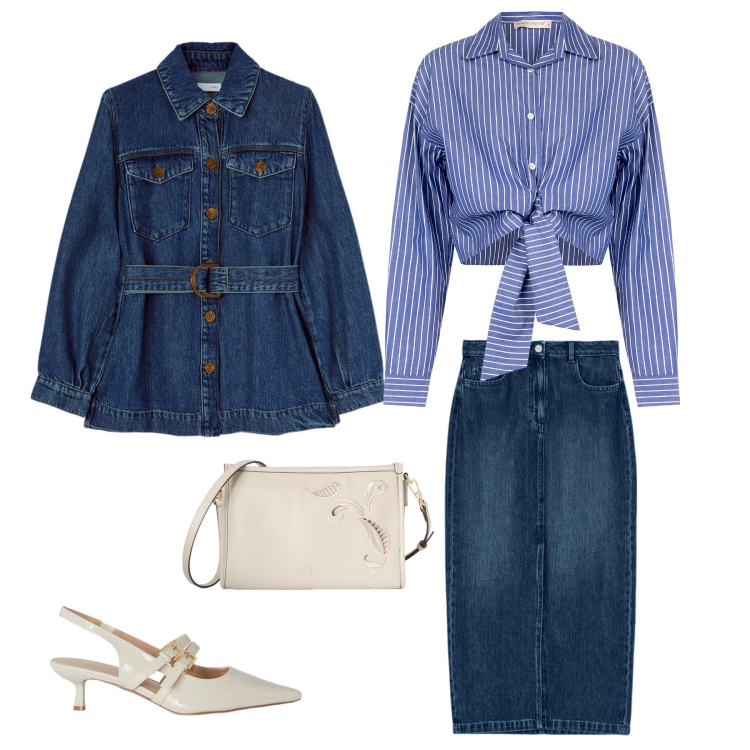 Outfit donna - Denim bon-ton. Stile Bon Ton per Tutti i giorni. Abbinamento con camicie, décolleté, gonne longuette, blazer, borse a tracolla.