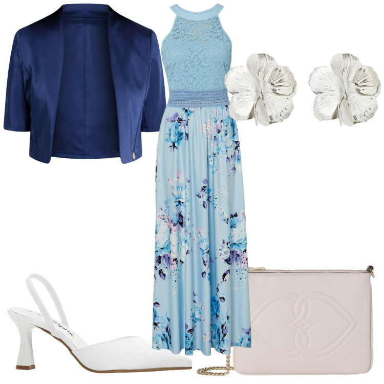 Outfit donna - Total look #2118398. Stile Romantica per Cerimonia. Abbinamento con décolleté, vestiti lunghi, blazer, orecchini, pochette.
