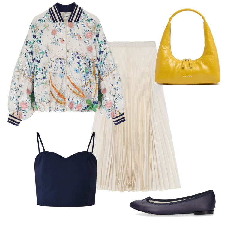 Outfit donna - Casual romantico. Stile Casual chic per Tutti i giorni. Abbinamento con canottiere, gonne lunghe, bomber, ballerine, borse a spalla.