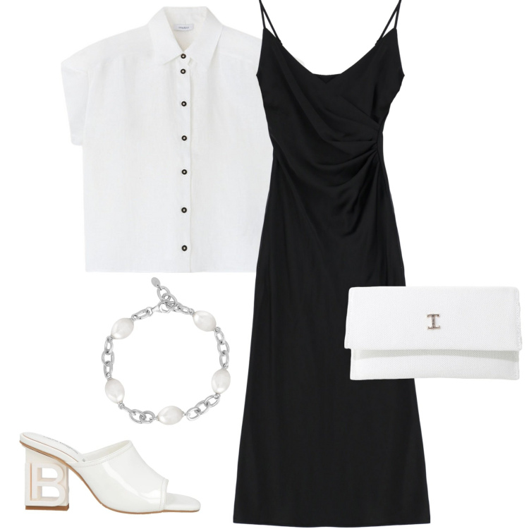 Outfit donna - A cena fuori. Stile Casual chic per Serata fuori. Abbinamento con sandali in pelle, braccialetti, borse a tracolla, vestiti midi/longuette, camicie a manica corta.