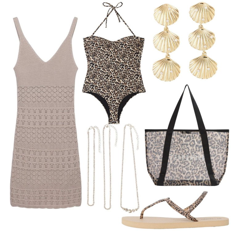 Outfit donna - Al mare con classe. Stile Glamour per Tutti i giorni. Abbinamento con costumi interi, orecchini, vestiti corti, collane, shopping bag, ciabatte.