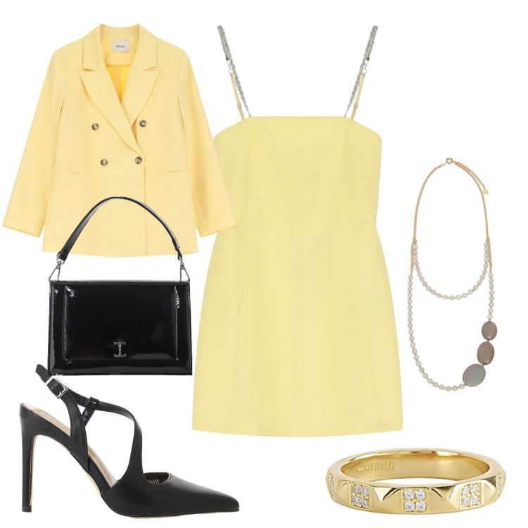Outfit donna - Comunione della nipote. Stile Bon Ton per Cerimonia. Abbinamento con anelli, borse a tracolla, décolleté, vestiti corti, blazer, collane.