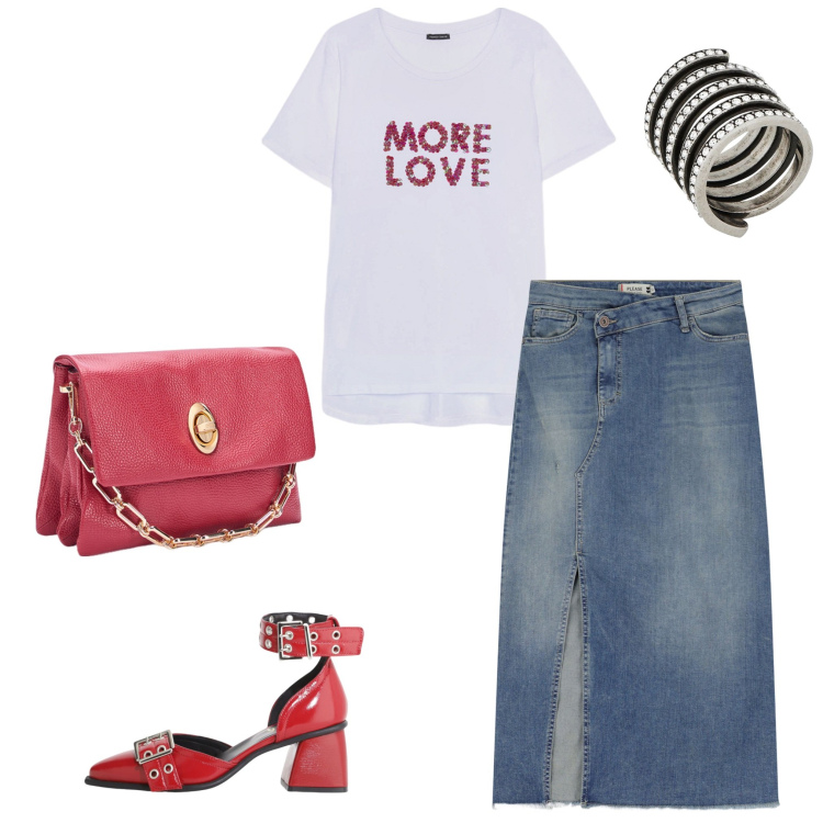 Outfit donna - Arrivo rosso. Stile Trendy per Tutti i giorni. Abbinamento con anelli, gonne longuette, décolleté, t-shirt, borse a tracolla.
