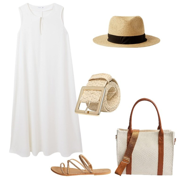 Outfit donna - Cappello di paglia. Stile Casual chic per Tutti i giorni. Abbinamento con vestiti lunghi, shopping bag, cinture, cappelli, sandali.
