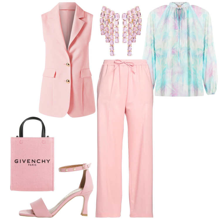 Outfit donna - Con classe. Abbinamento con pantaloni, borse a mano, sandali col tacco, bluse, gilet, orecchini.