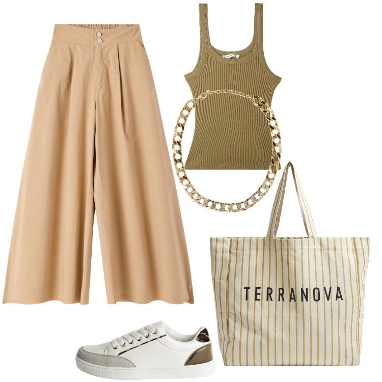 Outfit donna - Pantaloni in tela. Stile Casual per Tutti i giorni. Abbinamento con canottiere, collane, sneakers, pantaloni, borse tote.