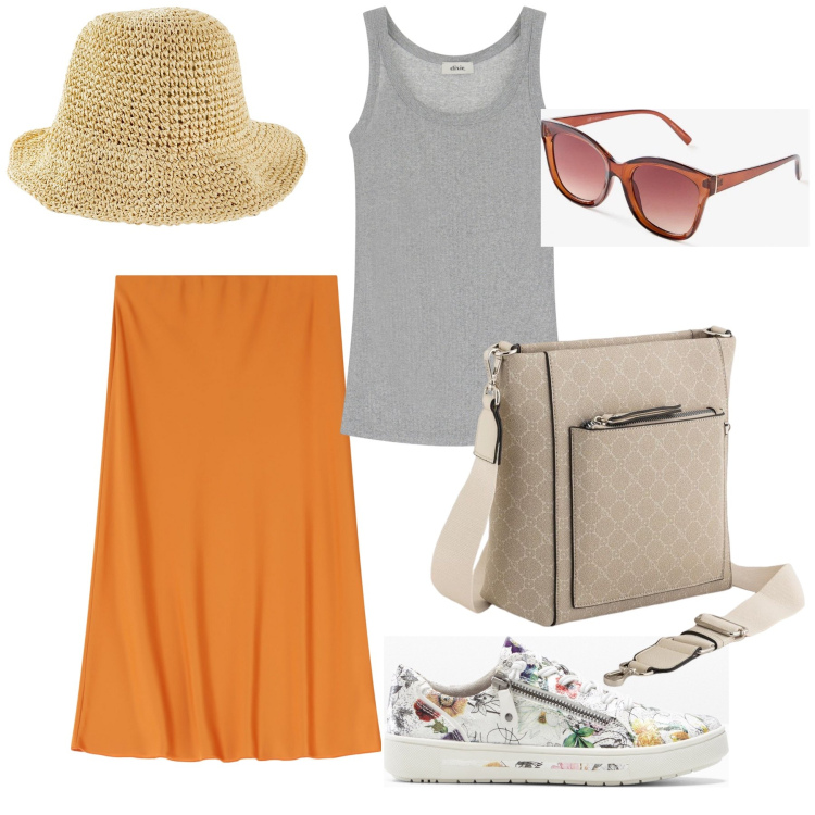Outfit donna - Basic and simply look. Stile Basic per Tutti i giorni. Abbinamento con cappelli, sneakers, occhiali da sole, canottiere, gonne longuette, borse a tracolla.