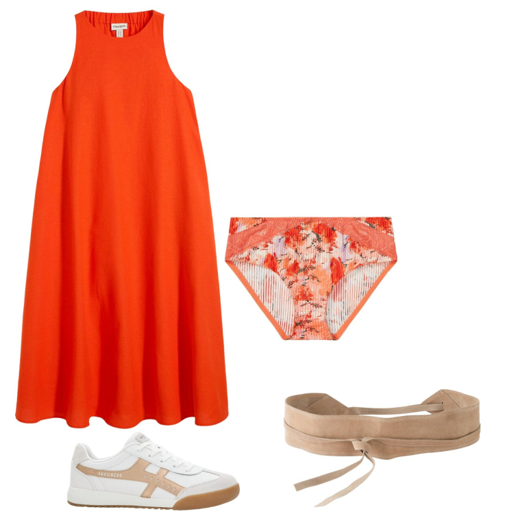 Outfit donna - Abito svasato comodo. Stile Trendy per Tutti i giorni. Abbinamento con vestiti midi/longuette, cinture, culotte, sneakers.