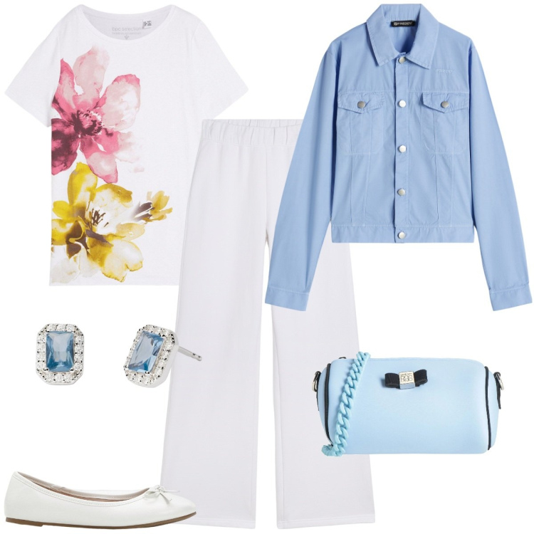 Outfit donna - Total look #2118439. Stile Casual chic per Tutti i giorni. Abbinamento con ballerine, t-shirt, borse a tracolla, orecchini, pantaloni, blazer.