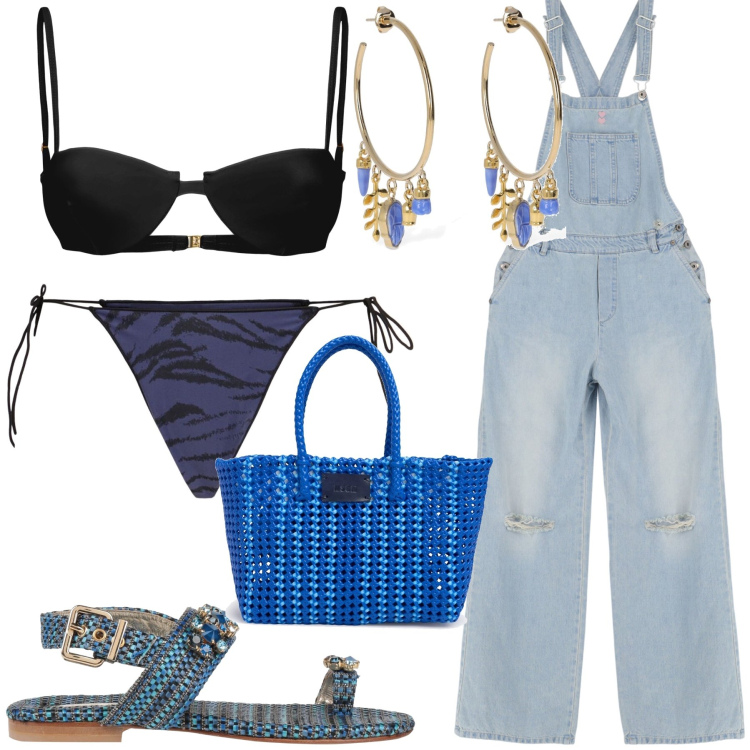 Outfit donna - Quando arriva l aperitivo. Stile Trendy per Mare. Abbinamento con ciabatte, salopette, orecchini, bikini, shopping bag, bikini.