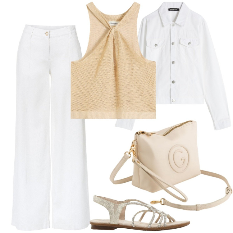 Outfit donna - Total look #2118445. Stile Casual chic per Tutti i giorni. Abbinamento con pantaloni a palazzo, top, sandali, blazer, valigie.