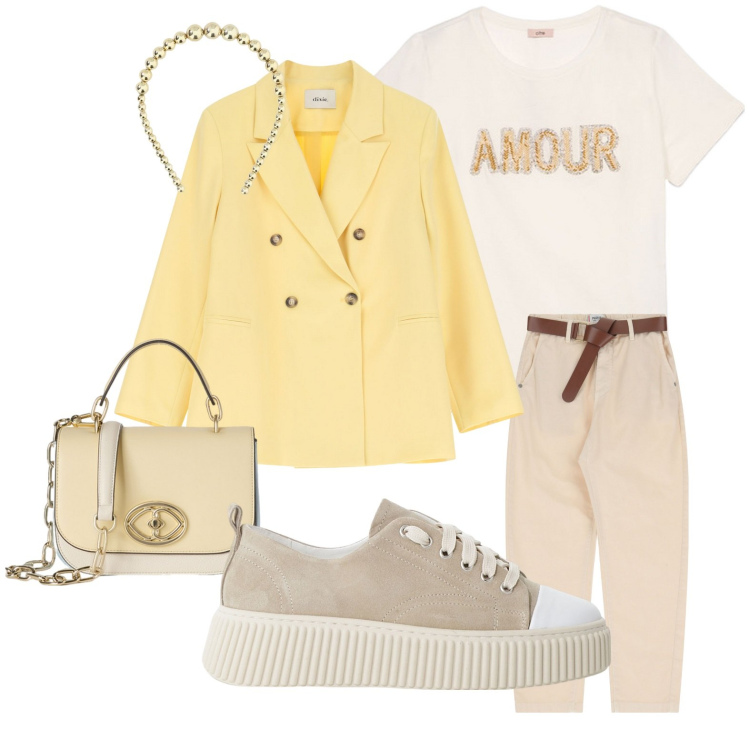 Outfit donna - L\'amour en jaune beurre. Stile Casual per Tutti i giorni. Abbinamento con pantaloni chino, sneakers, cerchietti, blazer, t-shirt, borse a tracolla.
