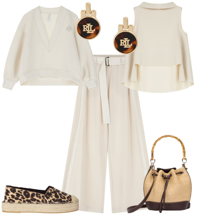 Outfit donna - Serata evento glamour. Stile Glamour per Serata fuori. Abbinamento con espadrillas, pantaloni, top, maglieria, orecchini, borse a secchiello.