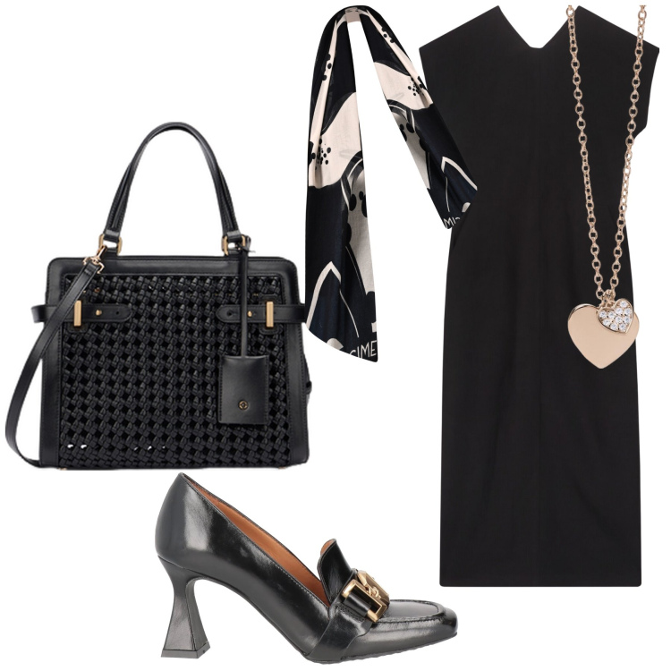 Outfit donna - In ufficio col cuore. Stile Urban per Ufficio. Abbinamento con mocassini, ciondoli, sciarpe, vestiti lunghi, borse a mano.