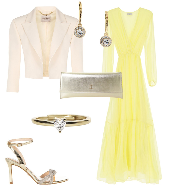 Outfit donna - Serata evento glamour cerimonia. Stile Romantica per Cerimonia. Abbinamento con pochette, vestiti lunghi, anelli, sandali col tacco, bolero, orecchini.