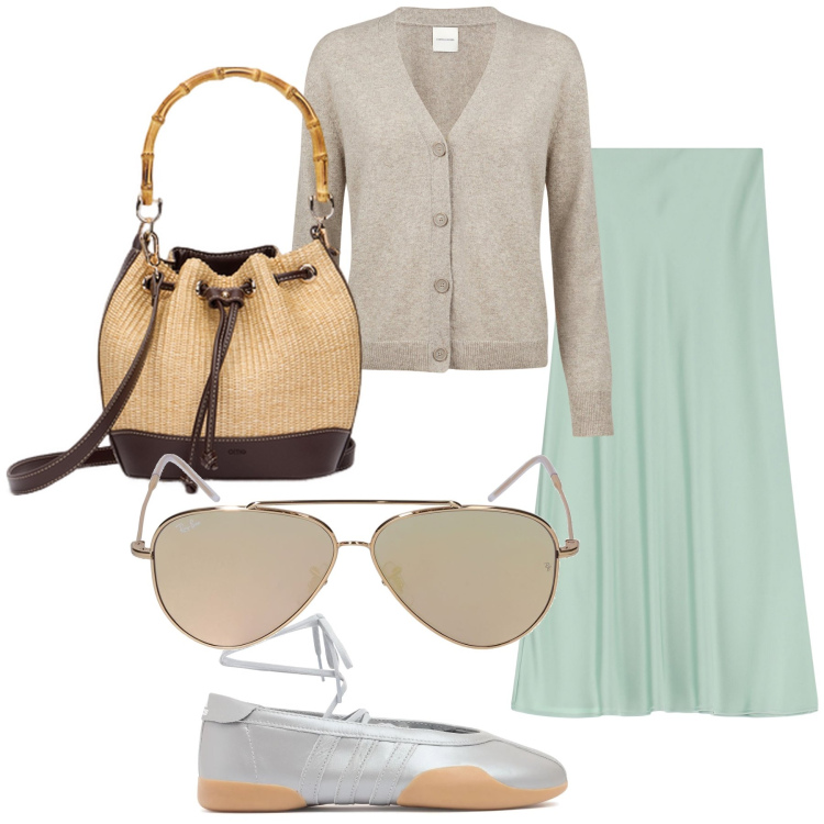 Outfit donna - Golfino e gonna. Stile Basic per Tutti i giorni. Abbinamento con gonne lunghe, cardigans, occhiali da sole, sneakers, borse a secchiello.