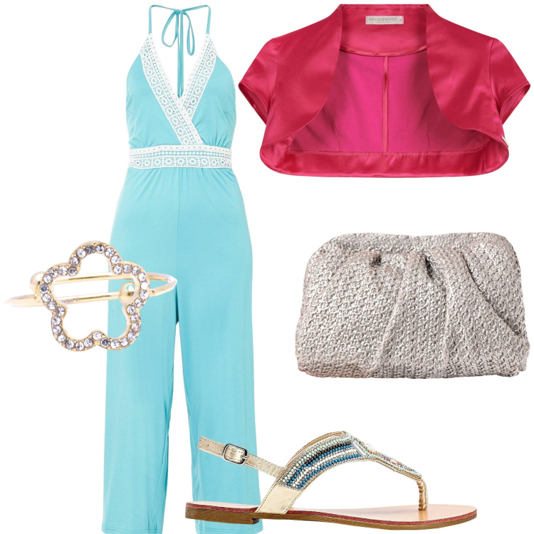 Outfit donna - Total look. Stile Trendy per Serata fuori. Abbinamento con ciabatte, tute, bolero, clutch, anelli.