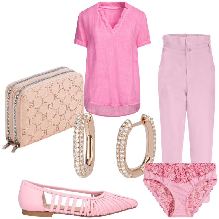Outfit donna - Pink. Stile Bon Ton per Tutti i giorni. Abbinamento con culotte, top, ballerine, orecchini, jeans, portafogli.