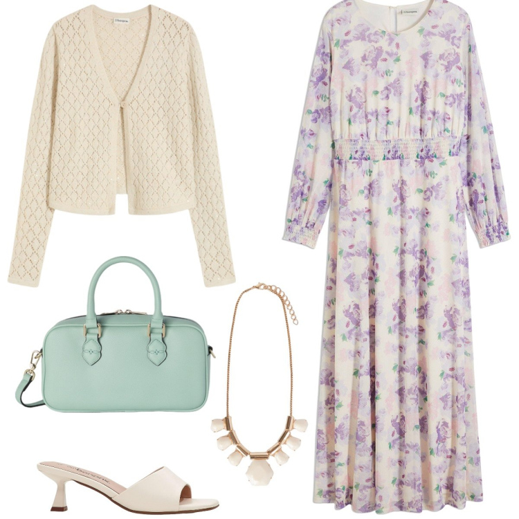 Outfit donna - Primavera pastello. Stile Romantica per Tutti i giorni. Abbinamento con ciabatte, vestiti lunghi, cardigans, borse a mano, collane.