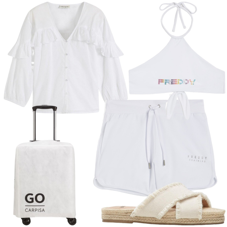 Outfit donna - Go to the White Sea. Stile Trendy per Mare. Abbinamento con ciabatte, bluse, bikini, pantaloni corti, shopping bag.