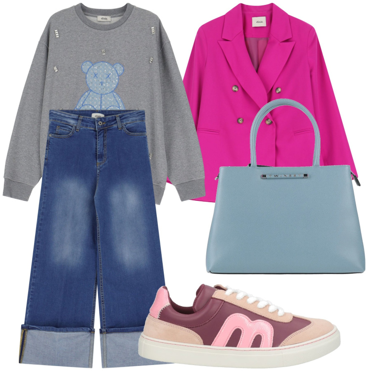 Outfit donna - Due passi e commissioni. Stile Sporty chic per Tutti i giorni. Abbinamento con borse a mano, sneakers, jeans dritti, blazer, felpe.
