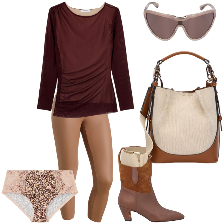 Outfit donna - Total look. Stile Basic per Tutti i giorni. Abbinamento con culotte, stivaletti, treggings, occhiali da sole, t-shirt, borse a mano.