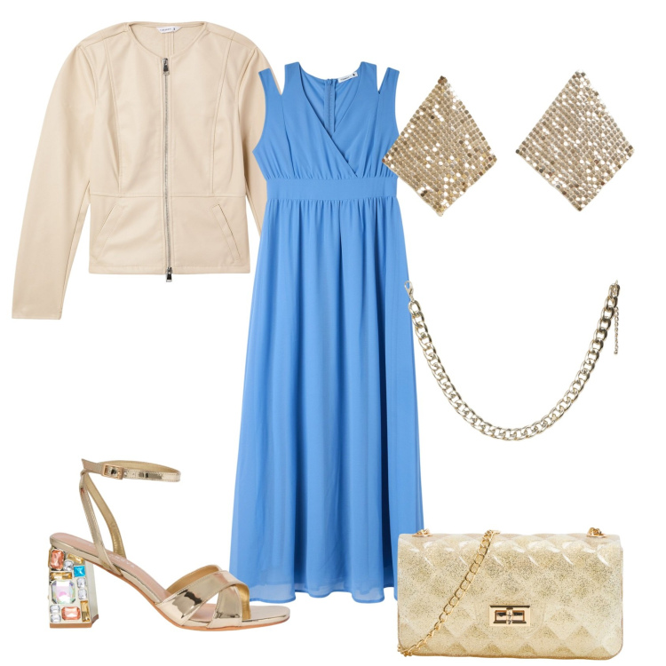 Outfit donna - Cerimonia. Stile Glamour per Cerimonia. Abbinamento con borse a tracolla, collane, blazer, vestiti lunghi, sandali gioiello, orecchini.