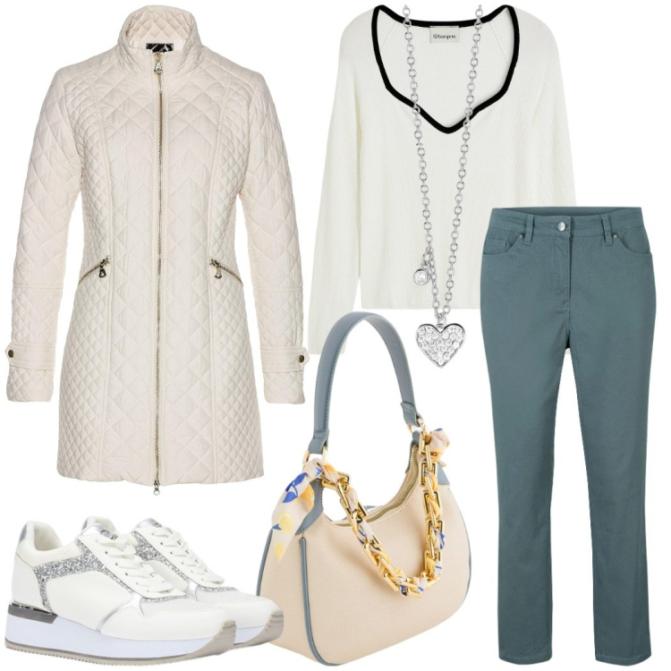 Outfit donna - A lavoro. Stile Casual per Ufficio. Abbinamento con pantaloni, blazer, maglieria, collane, sneakers, borse a tracolla.