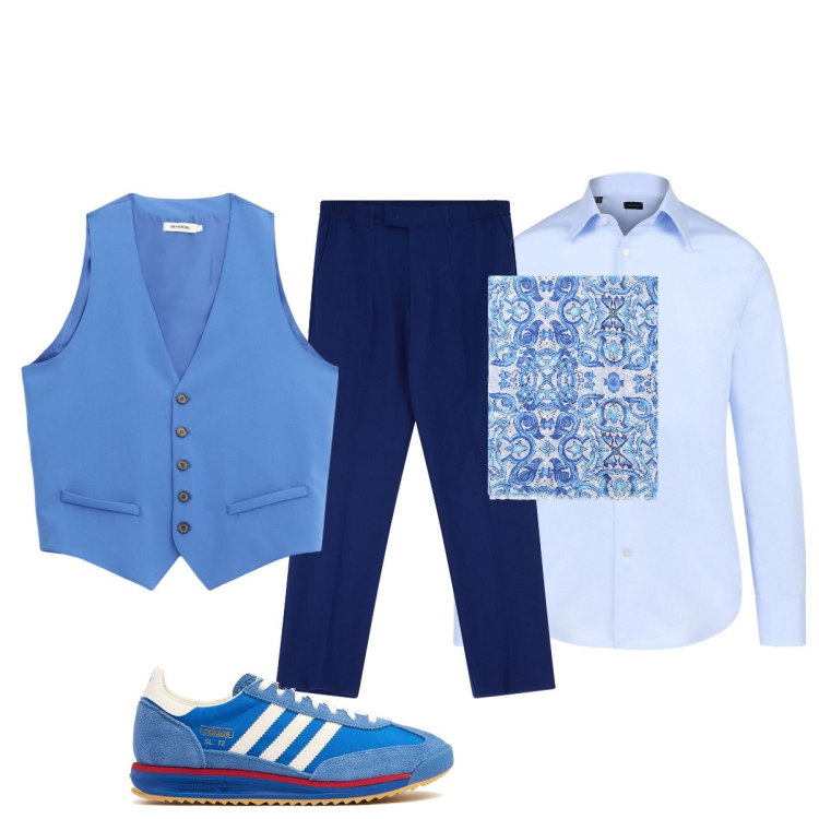Outfit uomo - Con il gilè azzurro. Stile Trendy per Serata speciale. Abbinamento con pantaloni, gilet, sciarpe e foulard, camicie, sneakers.