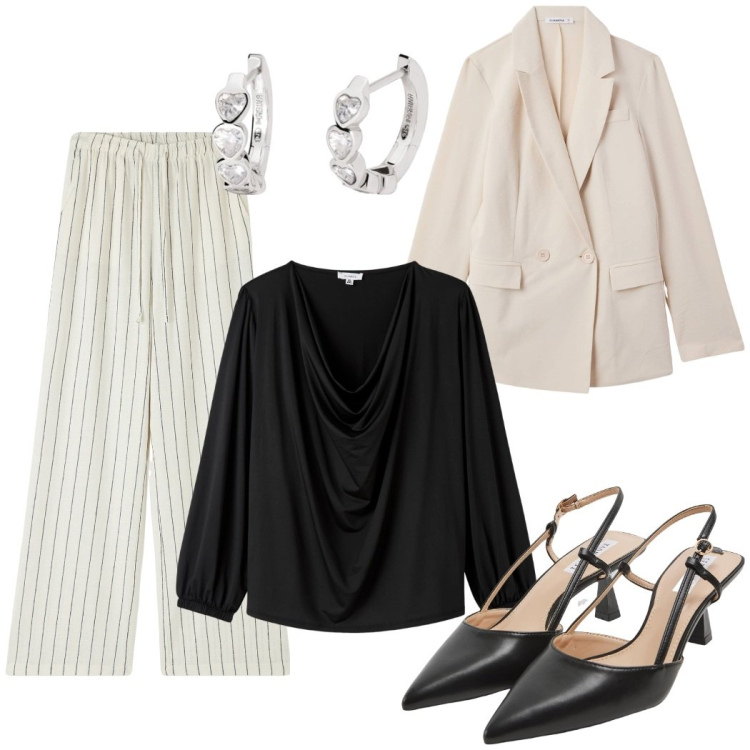 Outfit donna - Serata fresca estiva. Stile Casual chic per Serata fuori. Abbinamento con blazer, pantaloni, sabot, t-shirt, orecchini.
