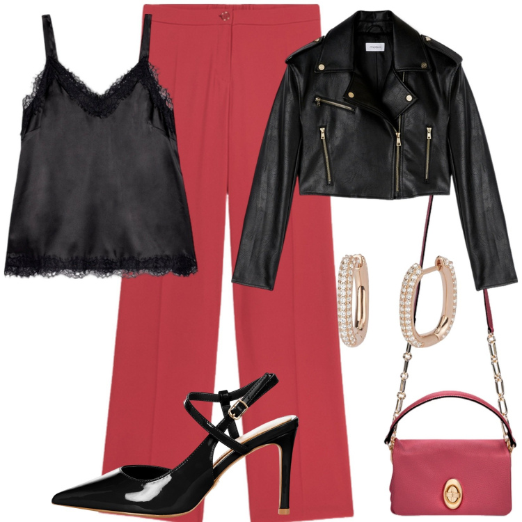 Outfit donna - Cropped in pelle. Stile Rock per Tutti i giorni. Abbinamento con orecchini, décolleté, canottiere, blazer, borse a tracolla, pantaloni a palazzo.