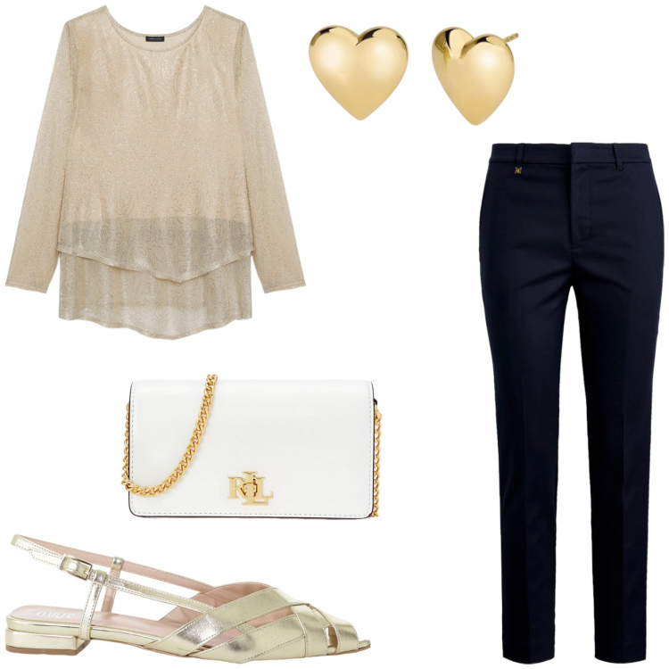Outfit donna - Il battesimo di mio nipote. Stile Chic per Cerimonia. Abbinamento con orecchini, sandali, pantaloni, borse a mano, t-shirt.