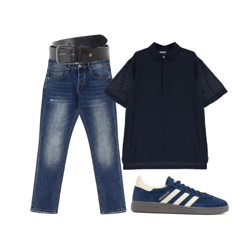 Outfit uomo - In ufficio. Stile Casual per Ufficio. Abbinamento con cinture, polo, jeans dritti, sneakers.