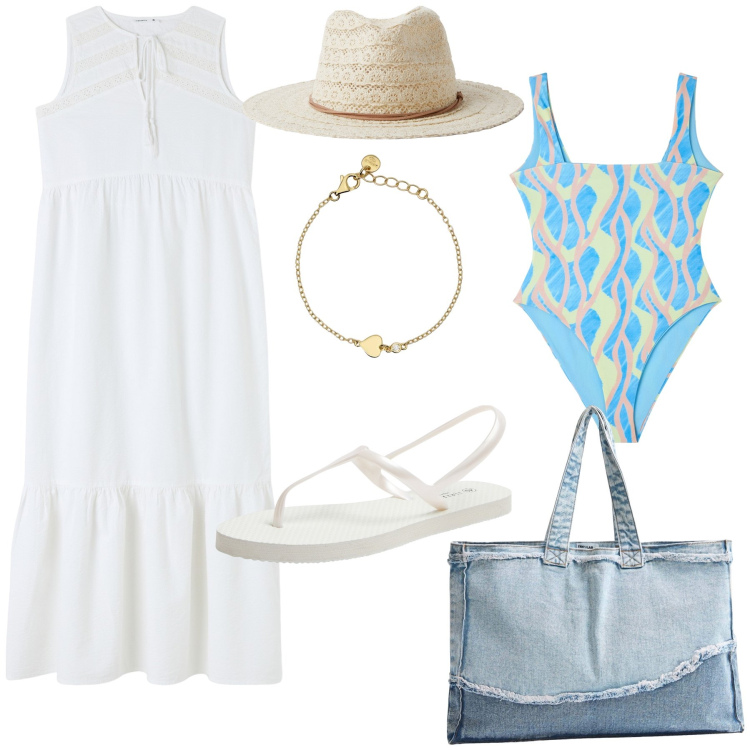 Outfit donna - Al mare con il bianco. Stile Glamour per Mare. Abbinamento con vestiti, sandali, cappelli, costumi interi, shopping bag, braccialetti.