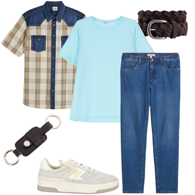 Outfit uomo - La camicia a quadri. Stile Casual per Tutti i giorni. Abbinamento con camicie a manica corta, jeans dritti, sneakers, t-shirt, cinture, portachiavi.