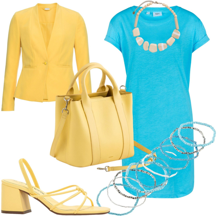 Outfit donna - Sun and Sea. Stile Bon Ton per Tutti i giorni. Abbinamento con sandali col tacco, vestiti, blazer, braccialetti, borse a mano, collane.