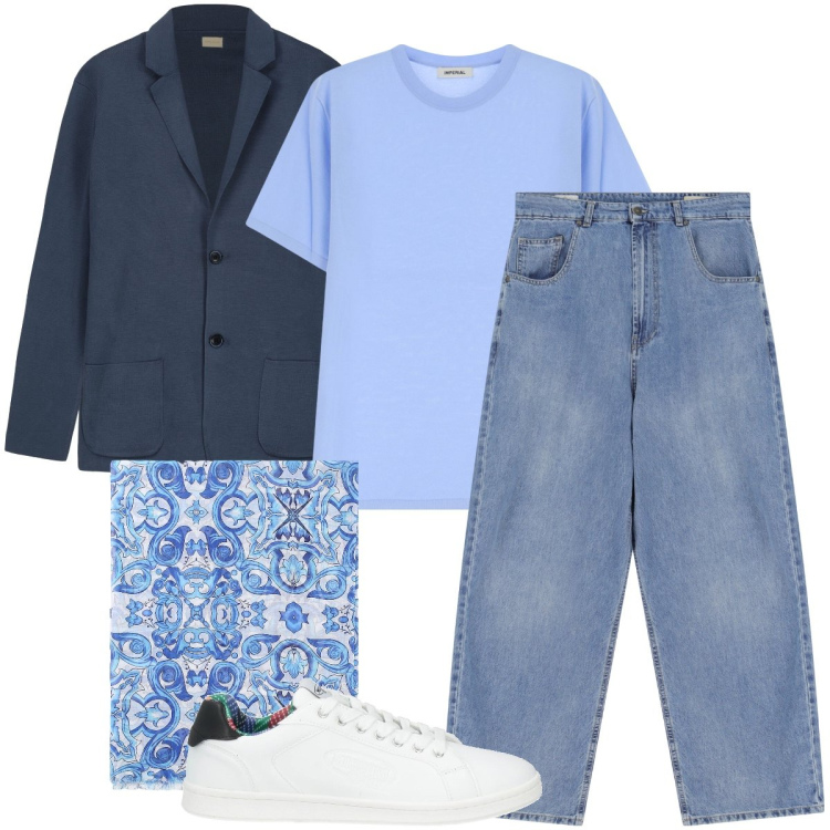 Outfit uomo - Foulard e t-shirt abbinati. Stile Trendy per Ufficio. Abbinamento con sneakers, jeans, t-shirt, sciarpe e foulard, cardigans.