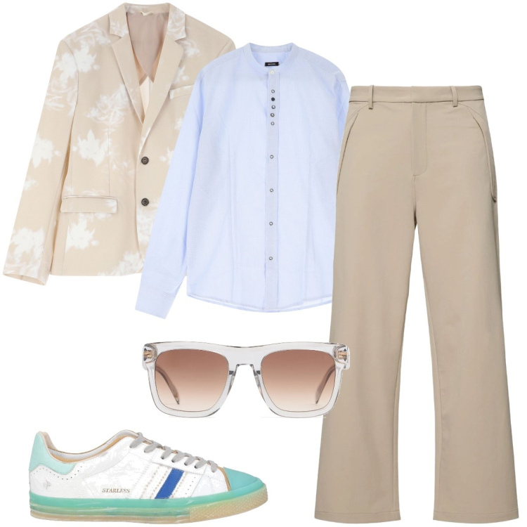 Outfit uomo - Giornata soleggiata. Stile Trendy per Ufficio. Abbinamento con sneakers, camicie, giacche, occhiali da sole, pantaloni.