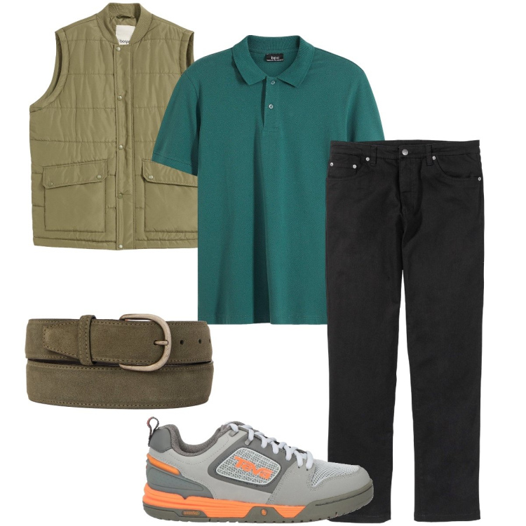 Outfit uomo - Tonalità di verde. Stile Casual per Tutti i giorni. Abbinamento con pantaloni, polo, gilet, sneakers, cinture.