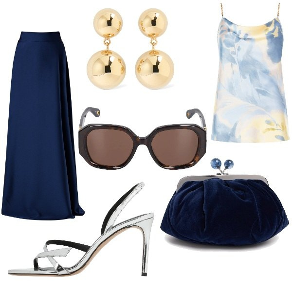 Outfit donna - Total look #2118529. Stile Chic per Cerimonia. Abbinamento con sandali in pelle, gonne lunghe, top, occhiali da sole, orecchini, pochette.