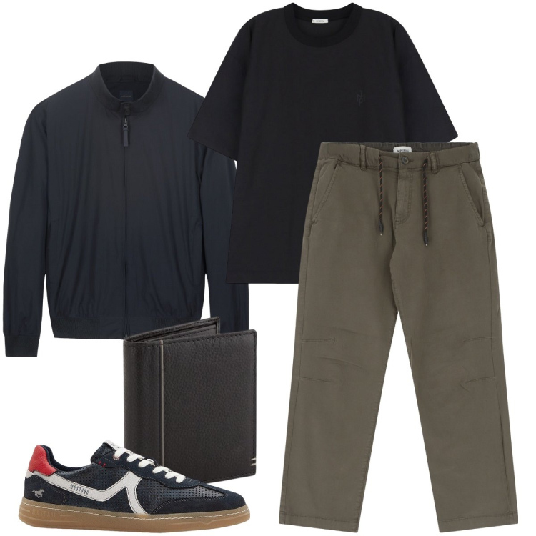 Outfit uomo - Serrata divertente. Stile Urban per Serata speciale. Abbinamento con sneakers, pantaloni, t-shirt, portafogli, bomber.