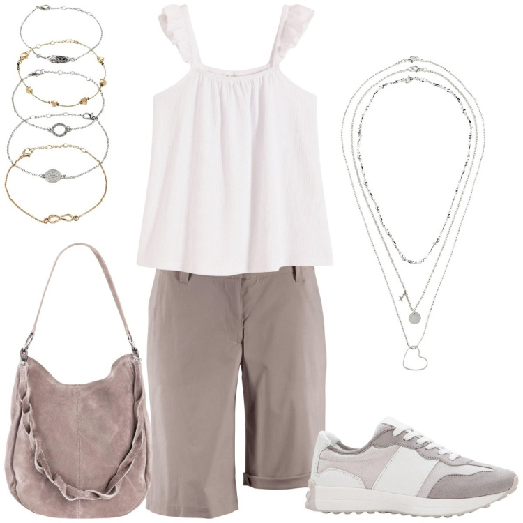 Outfit donna - Linee morbide. Stile Sporty chic per Tutti i giorni. Abbinamento con bermuda, borse a mano, braccialetti con ciondoli, collane, top, sneakers.