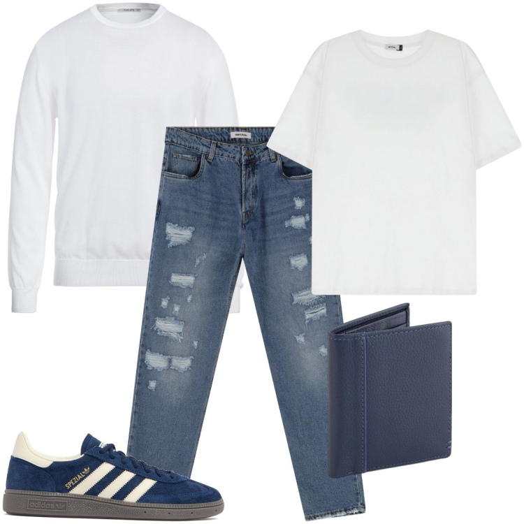 Outfit uomo - T-shirt e felpa bianchi. Stile Urban per Tutti i giorni. Abbinamento con pullovers, jeans, t-shirt, portafogli, sneakers.