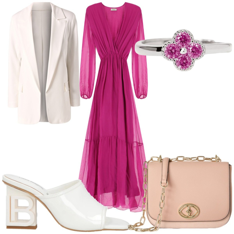 Outfit donna - Total look #2118538. Stile Chic per Cerimonia. Abbinamento con sandali in pelle, vestiti lunghi, anelli, blazer, borse a tracolla.