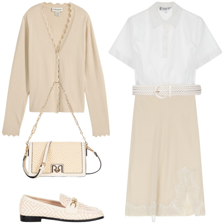 Outfit donna - Ufficio. Stile Bon Ton per Ufficio. Abbinamento con cardigans, gonne longuette, mocassini, borse a tracolla, camicie a manica corta, cinture.