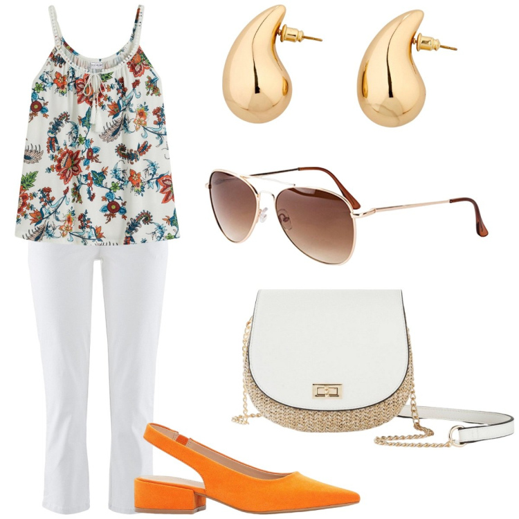 Outfit donna - L\'arancio che sorprende. Stile Casual chic per Tutti i giorni. Abbinamento con pantaloni, top, occhiali da sole, borse a tracolla, décolleté, orecchini.