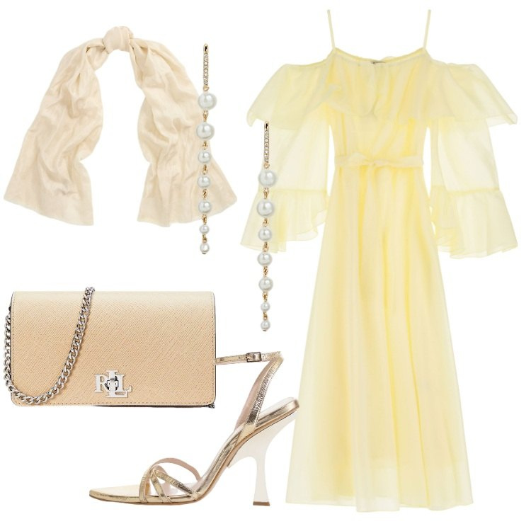 Outfit donna - Giallo Burro - Il colore che incanta. Stile Chic per Cerimonia. Abbinamento con borse a tracolla, orecchini, sciarpe, vestiti lunghi, sandali col tacco.