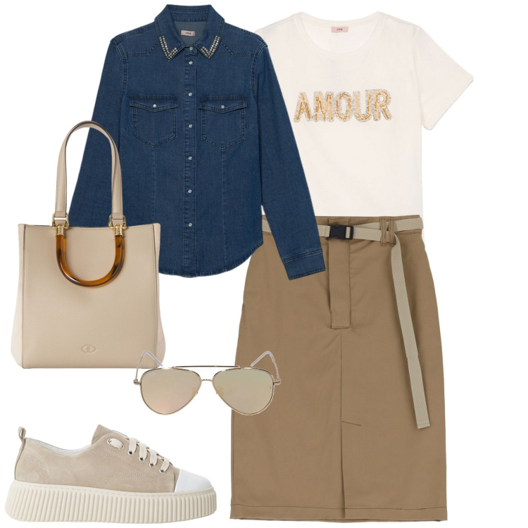 Outfit donna - City. Stile Casual chic per Tutti i giorni. Abbinamento con gonne, sneakers, camicie, occhiali da sole, t-shirt, shopping bag.